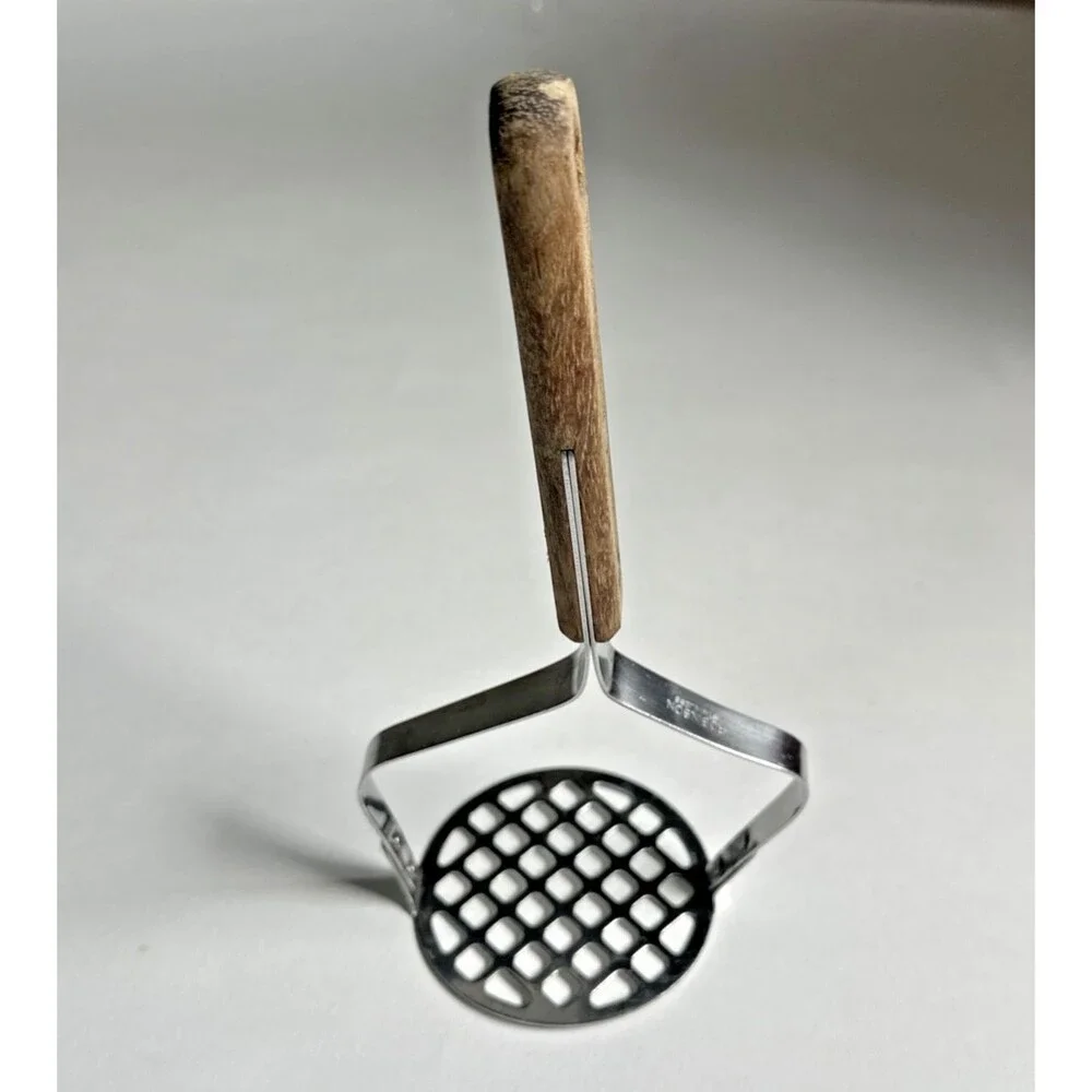 Vintage Robinson Stainless Steel Potato Masher – Wood Handle USA Made Grid Head